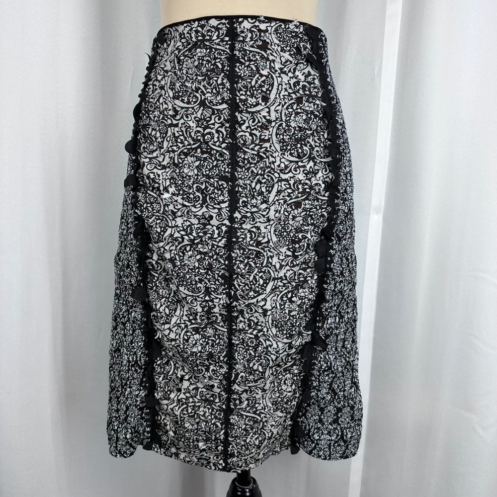 Byron Lars Beaded Black White Skirt Size 6 Textured Ruffle Midi READ